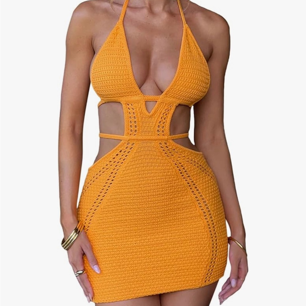 Orange crocheted halter mini dress
